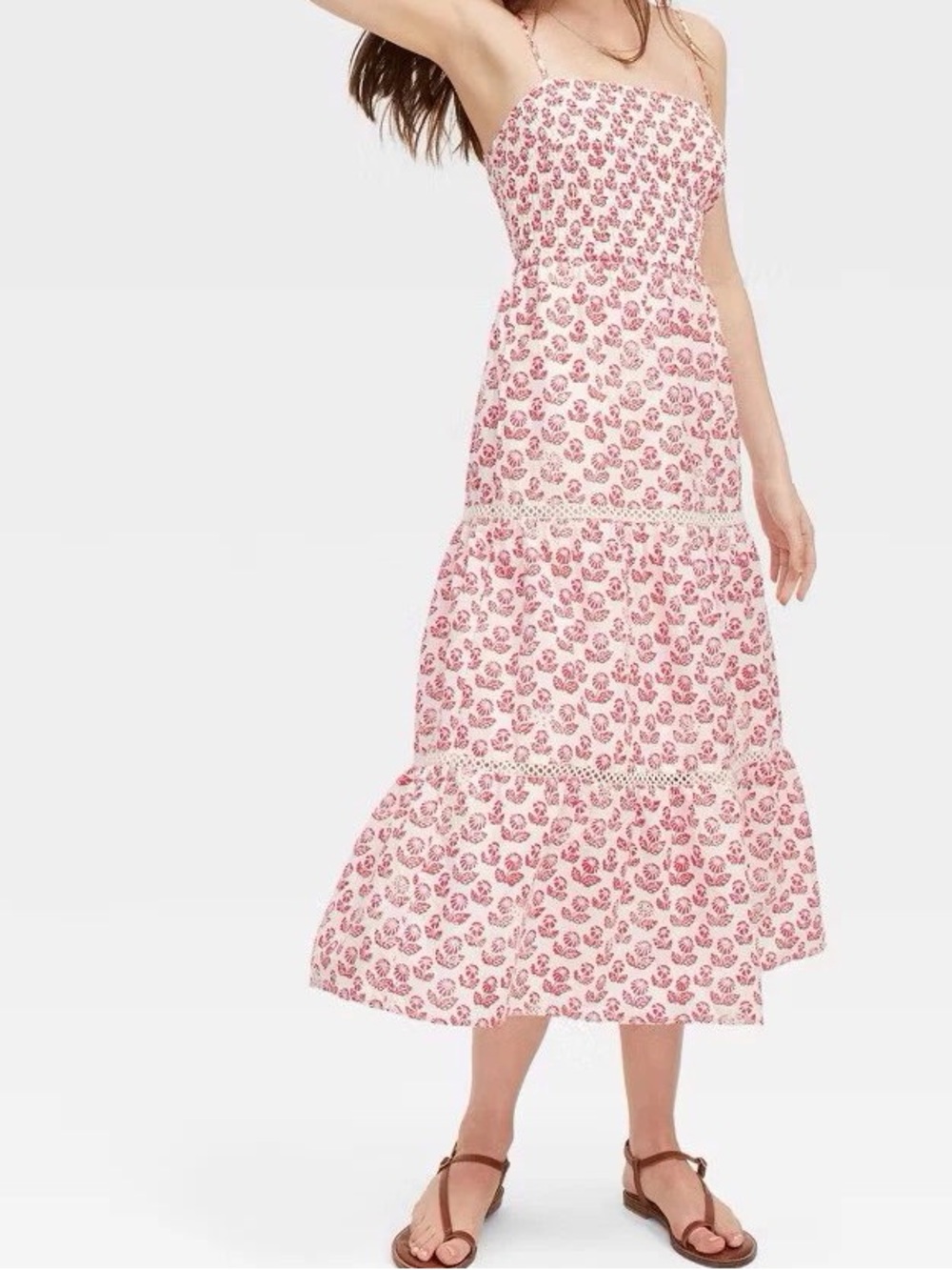 Pink Floral Midi Sundress with Smocked Bodice